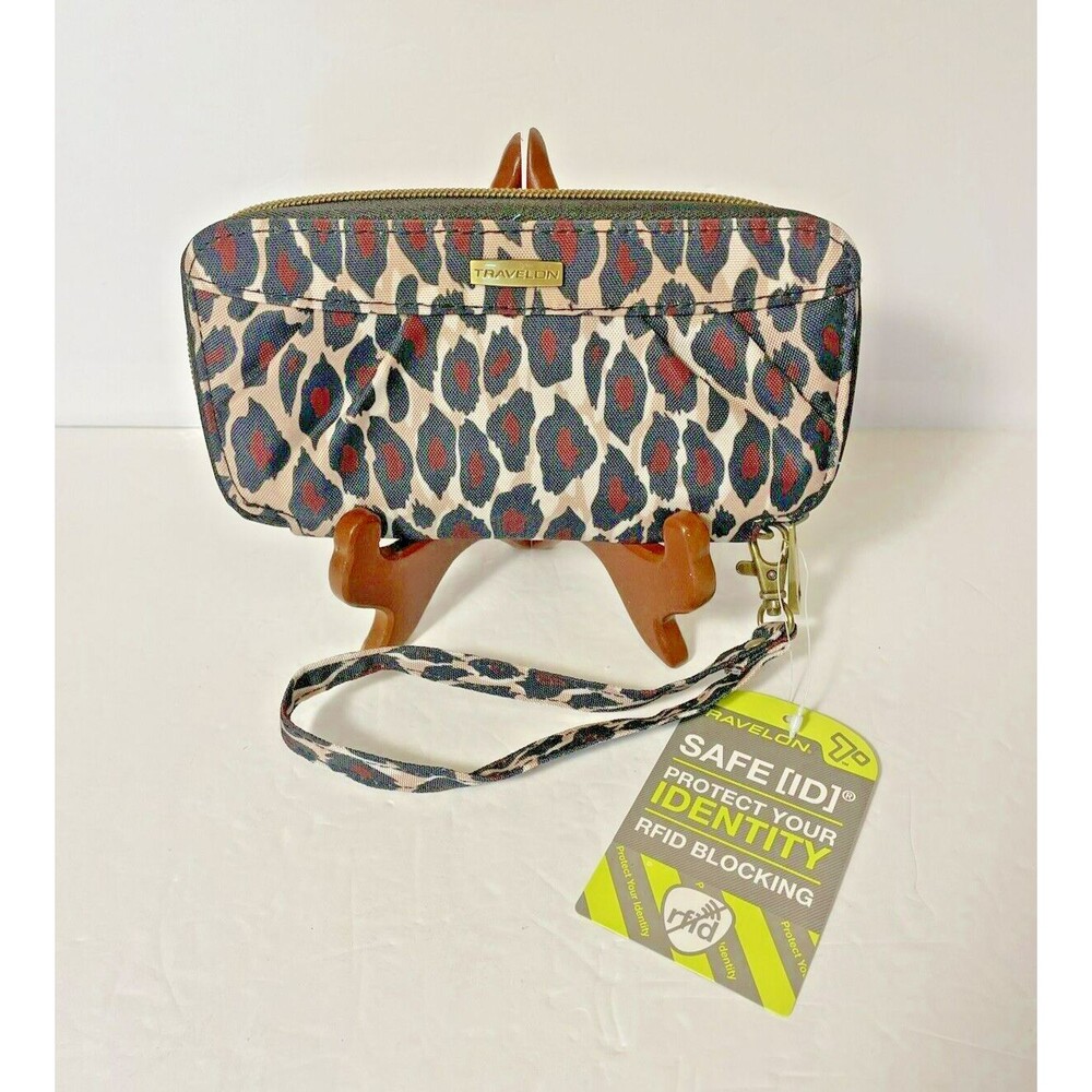 Traveling multicolored polyester cheetah design RFID blocking zip around wallet